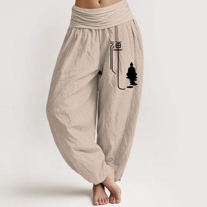 Buddha Stones Zen Buddhist Pattern Women's Elastic Waist Harem Cotton Pants - Tan - US22,UK/AU26,EU54 (6XL) - image 11