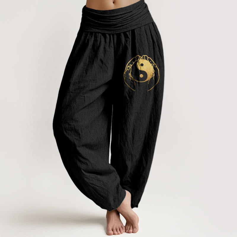Buddha Stones Yin Yang Hand Pattern Women's Elastic Waist Harem Cotton Pants - Black - US22,UK/AU26,EU54 (6XL) - image 0
