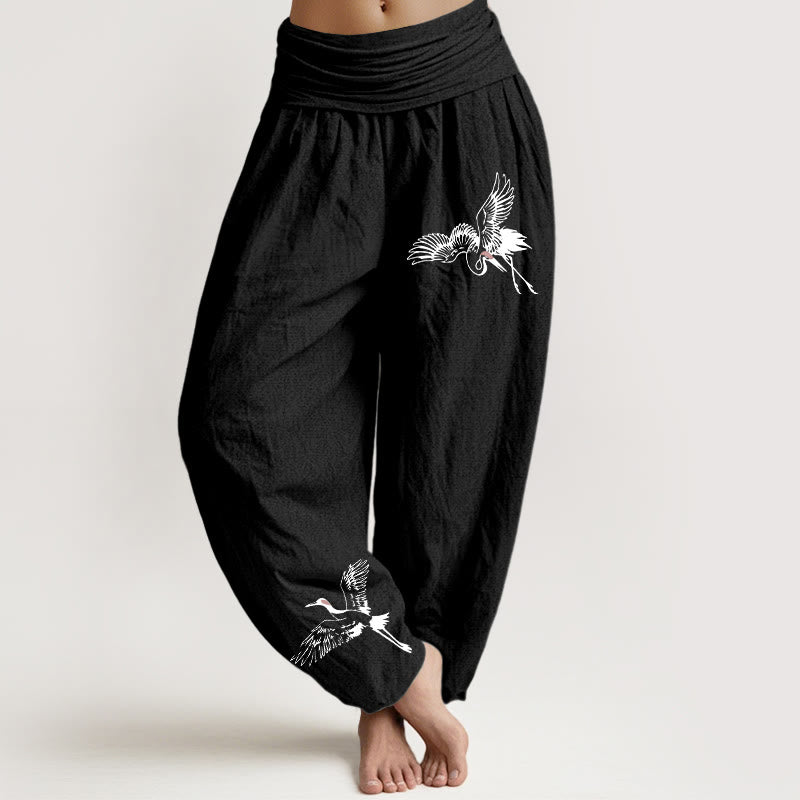 Buddha Stones Flying Red-crowned Cranes Pattern Women's Elastic Waist Harem Cotton Pants - Black - US22,UK/AU26,EU54 (6XL) - image 0