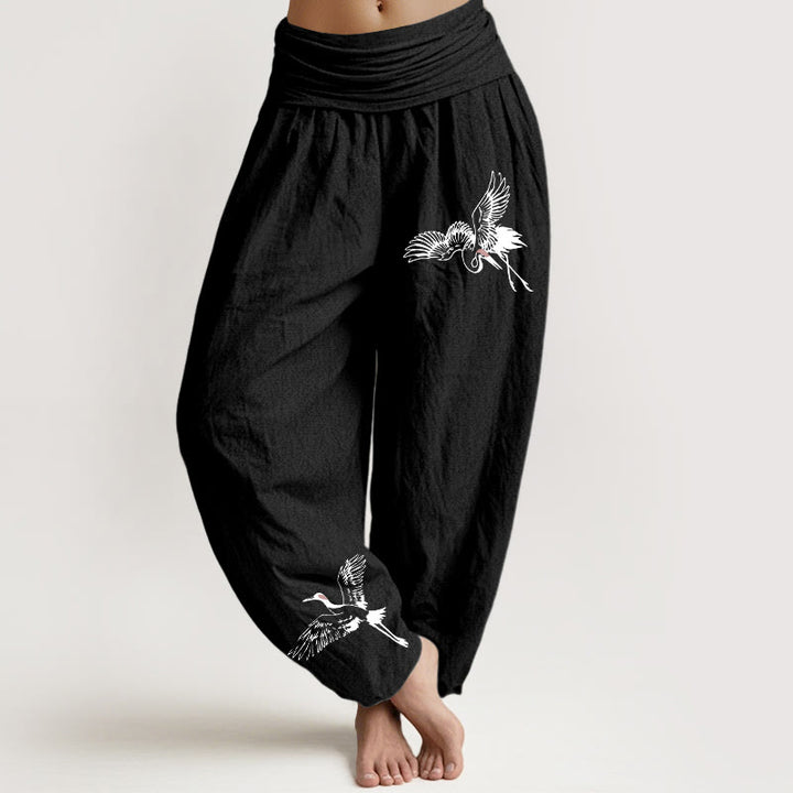 Buddha Stones Flying Red-crowned Cranes Pattern Women's Elastic Waist Harem Cotton Pants - Black - US22,UK/AU26,EU54 (6XL) - image 0