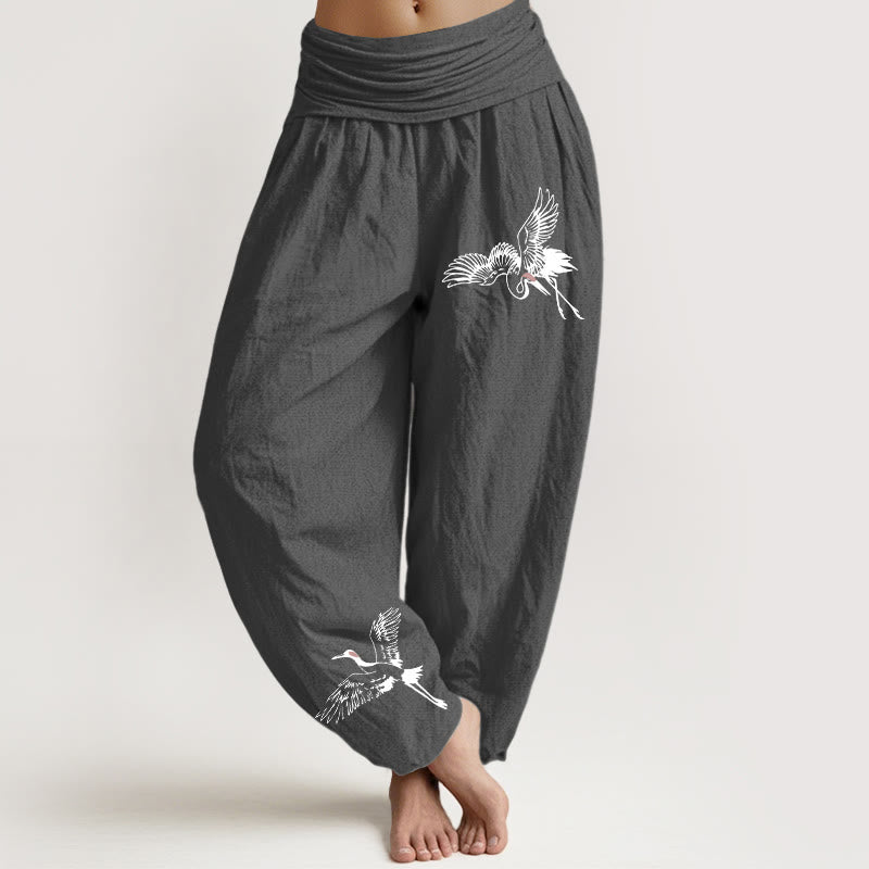 Buddha Stones Flying Red-crowned Cranes Pattern Women's Elastic Waist Harem Cotton Pants - DimGray - US22,UK/AU26,EU54 (6XL) - image 8