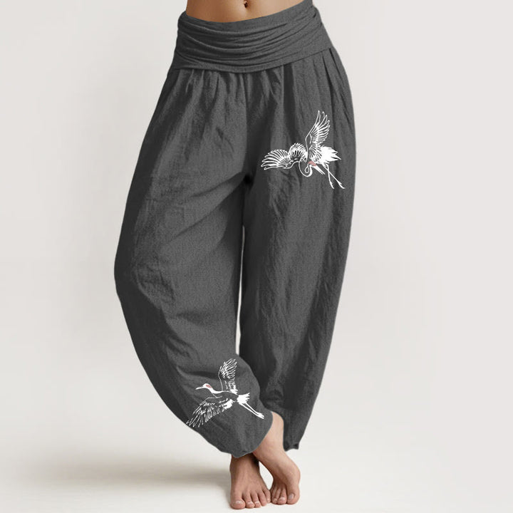 Buddha Stones Flying Red-crowned Cranes Pattern Women's Elastic Waist Harem Cotton Pants - DimGray - US22,UK/AU26,EU54 (6XL) - image 8