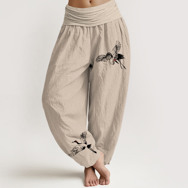 Buddha Stones Flying Red-crowned Cranes Pattern Women's Elastic Waist Harem Cotton Pants - Tan - US22,UK/AU26,EU54 (6XL) - image 11