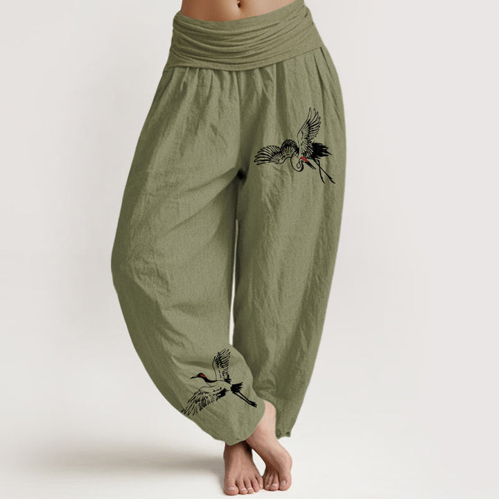 Buddha Stones Flying Red-crowned Cranes Pattern Women's Elastic Waist Harem Cotton Pants - OliveDrab - US22,UK/AU26,EU54 (6XL) - image 14