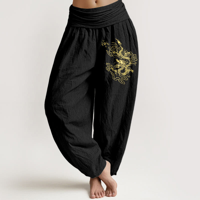 Buddha Stones Golden Dragon Print Pattern Women's Elastic Waist Harem Cotton Pants - Black - US22,UK/AU26,EU54 (6XL) - image 0