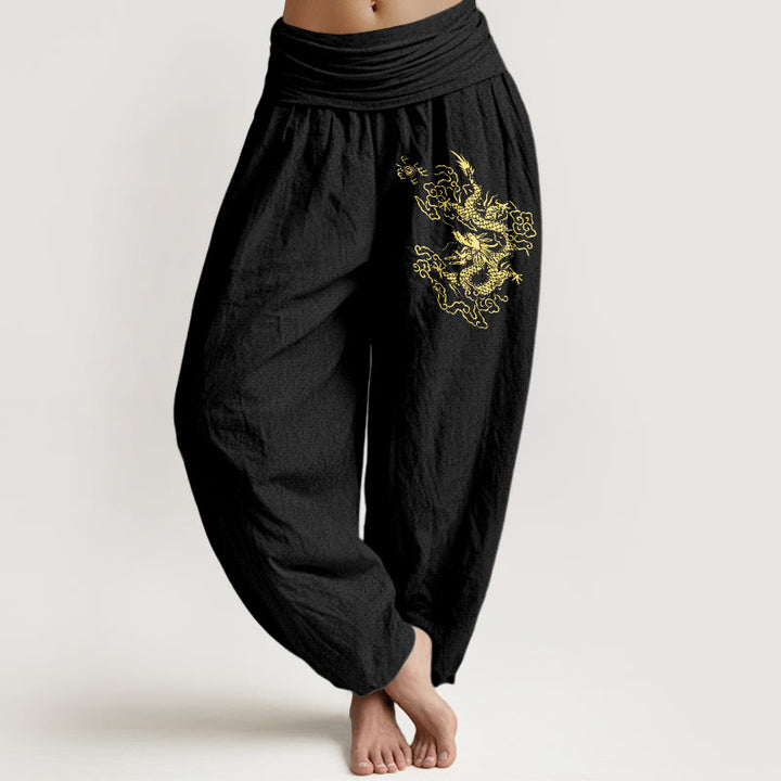 Buddha Stones Golden Dragon Print Pattern Women's Elastic Waist Harem Cotton Pants - Black - US22,UK/AU26,EU54 (6XL) - image 0