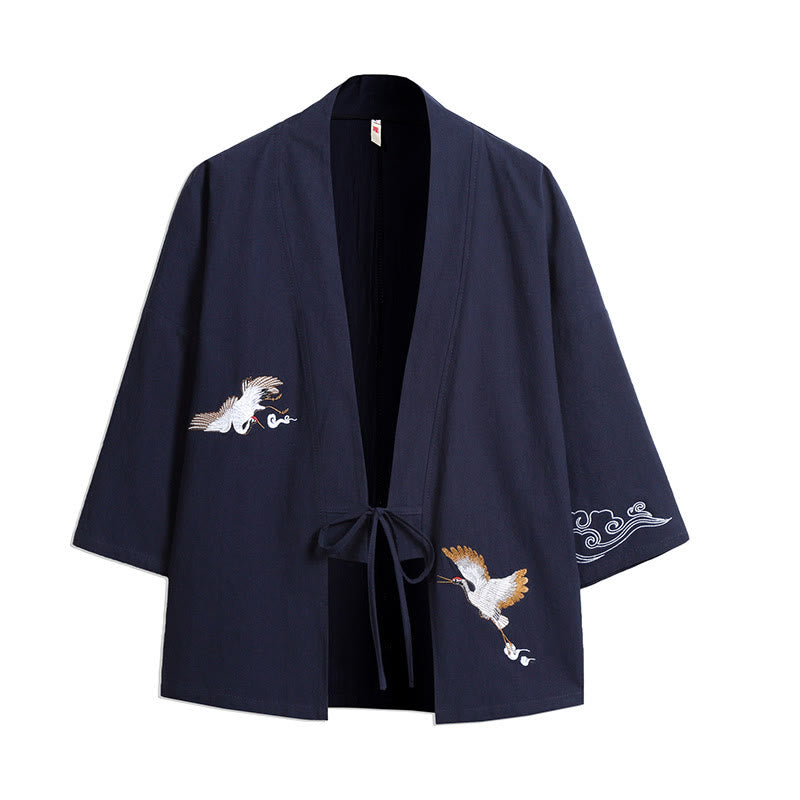 Buddha Stones White Crane Auspicious Clouds Embroidery Three Quarter Sleeve Men's Kimono - SteelBlue - US/UK/AU46,EU56 (5XL) - image 0