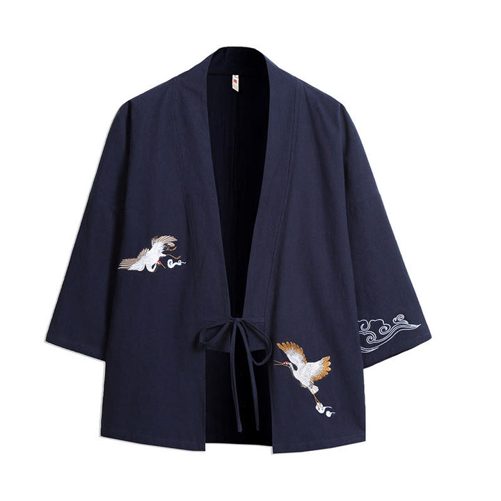 Buddha Stones White Crane Auspicious Clouds Embroidery Three Quarter Sleeve Men's Kimono - SteelBlue - US/UK/AU46,EU56 (5XL) - image 0