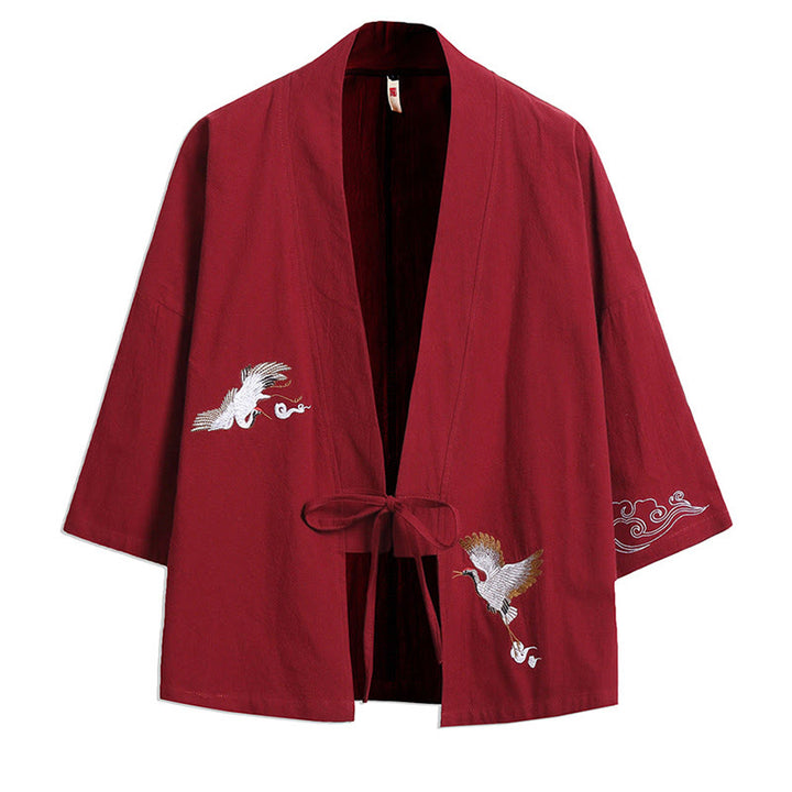 Buddha Stones White Crane Auspicious Clouds Embroidery Three Quarter Sleeve Men's Kimono - Red - US/UK/AU46,EU56 (5XL) - image 4