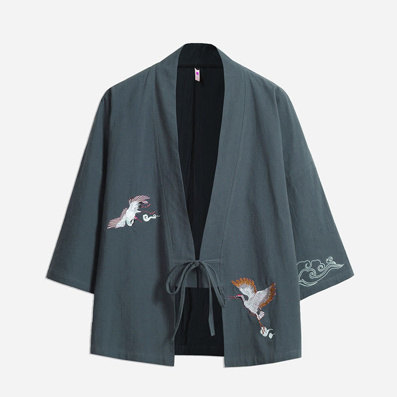 Buddha Stones White Crane Auspicious Clouds Embroidery Three Quarter Sleeve Men's Kimono - CadetBlue - US/UK/AU46,EU56 (5XL) - image 13