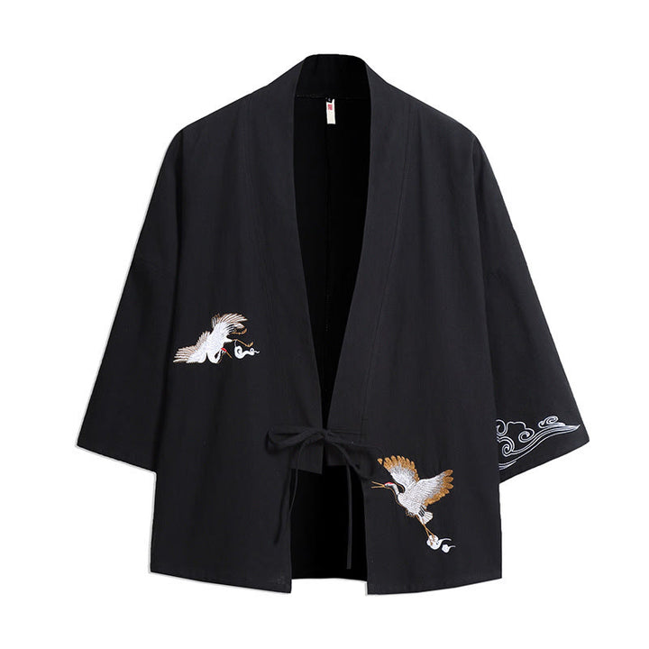 Buddha Stones White Crane Auspicious Clouds Embroidery Three Quarter Sleeve Men's Kimono - Black - US/UK/AU46,EU56 (5XL) - image 2