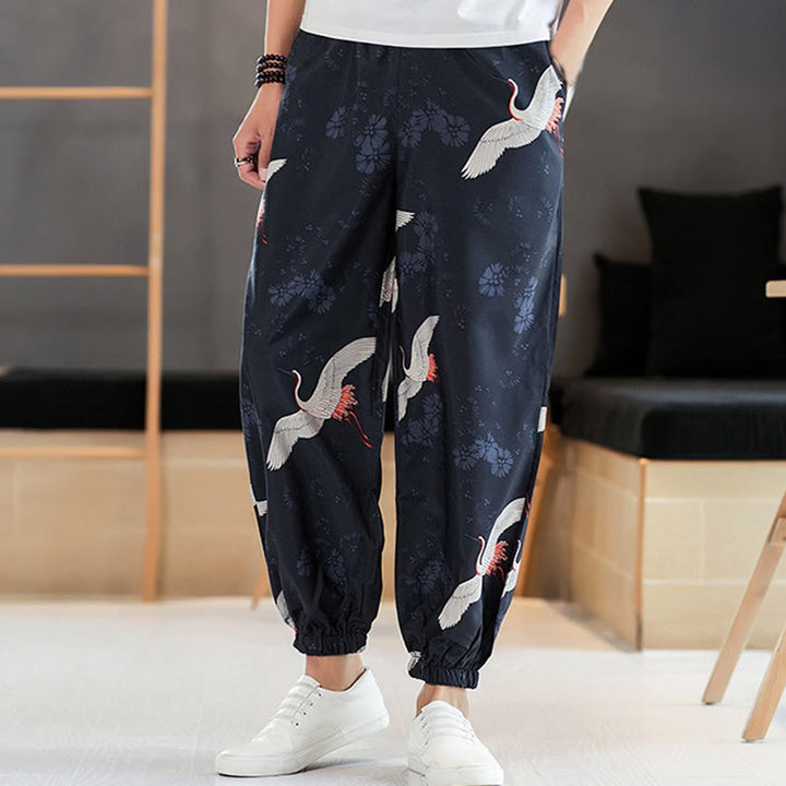 Buddha Stones Crane Auspicious Clouds Design Men's Harem Pants With Pockets - SteelBlue - US/UK/AU46,EU56 (5XL) - image 0