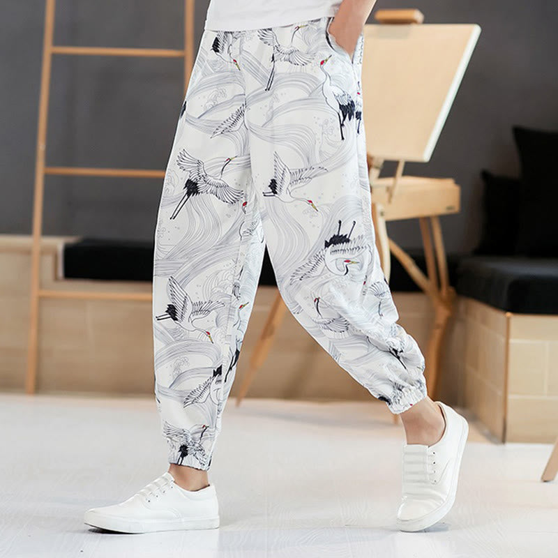 Buddha Stones Crane Auspicious Clouds Design Men's Harem Pants With Pockets - White - US/UK/AU46,EU56 (5XL) - image 8