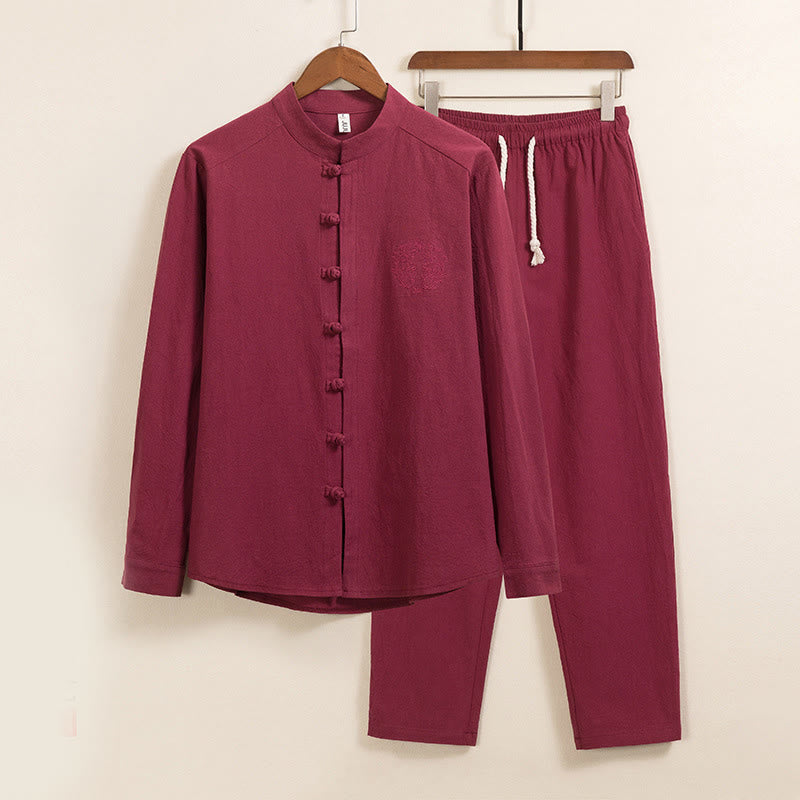 Buddha Stones 2Pcs Plain Men's Frog-Button Long Sleeve Cotton Shirt Pants Set With Pockets - FireBrick - US/UK/AU46,EU56 (5XL) - image 2