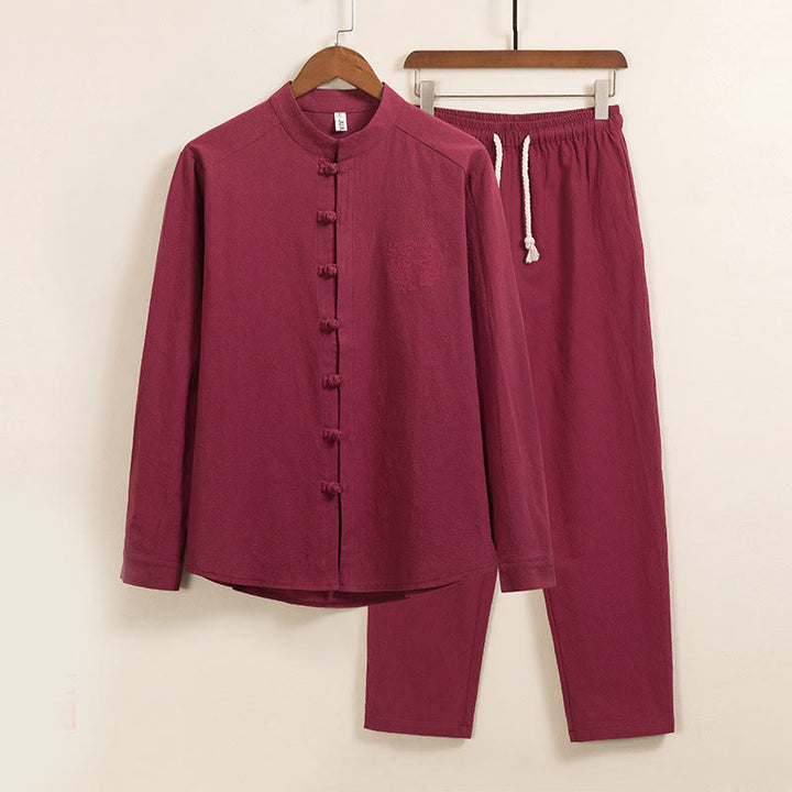 Buddha Stones 2Pcs Plain Men's Frog-Button Long Sleeve Cotton Shirt Pants Set With Pockets - FireBrick - US/UK/AU46,EU56 (5XL) - image 2