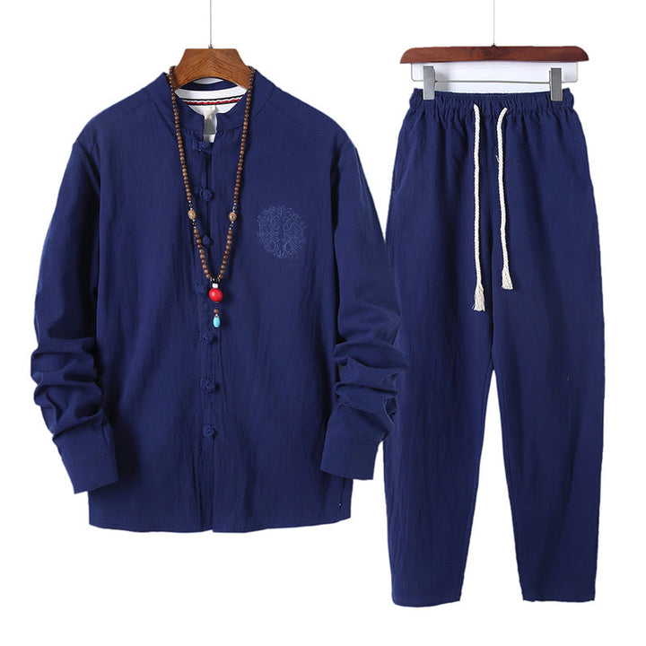 Buddha Stones 2Pcs Solid Color Men's Frog-Button Long Sleeve Cotton Shirt Pants Set With Pockets - RoyalBlue - US/UK/AU46,EU56 (5XL) - image 19