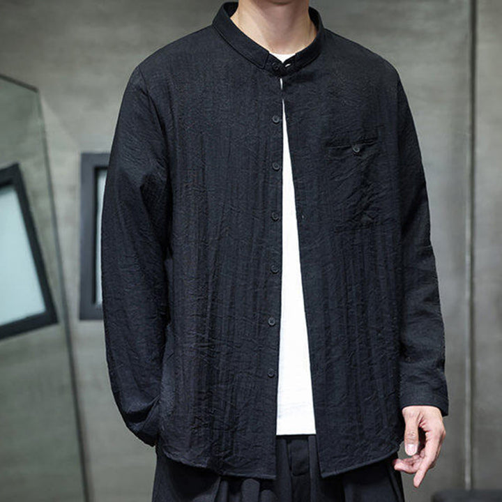Buddha Stones Spring Men's Solid Color Buttons Design Long Sleeve Shirt - Black - US/UK/AU46,EU56 (5XL) - image 0