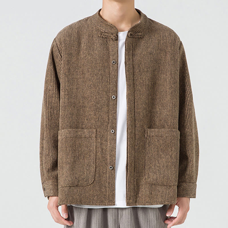 Buddha Stones Solid Color Frog-Button Long Sleeve Men's Cotton Corduroy Jacket With Pockets - Tan - US/UK/AU48,EU58(5XL) - image 0