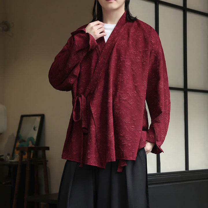 Buddha Stones Spring V-Neck Floral Men's Lace-up Design Long Sleeve Shirt - Maroon - US/UK/AU50,EU60 (5XL) - image 8