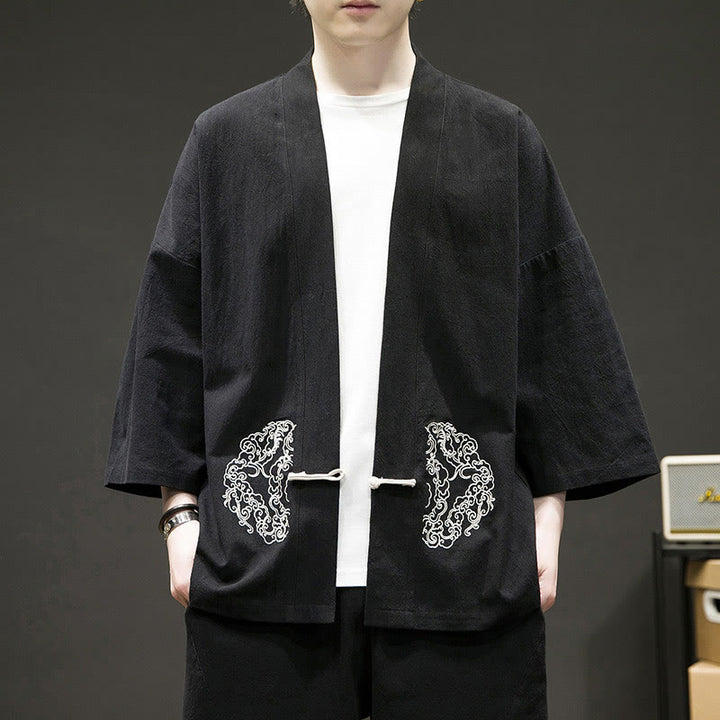 Buddha Stones Solid Auspicious Clouds Open Front Long Sleeve Jacket Men's Cotton Kimono - Black - US/UK/AU46,EU56 (5XL) - image 8