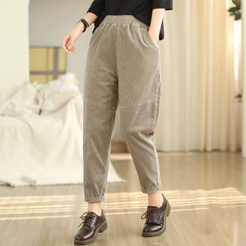 Buddha Stones Plain Tapered Cotton Corduroy Women's Harem Thermal Fleece-Lined Pants With Pockets - Tan - US12,UK/AU16,EU44 (3XL) - image 18