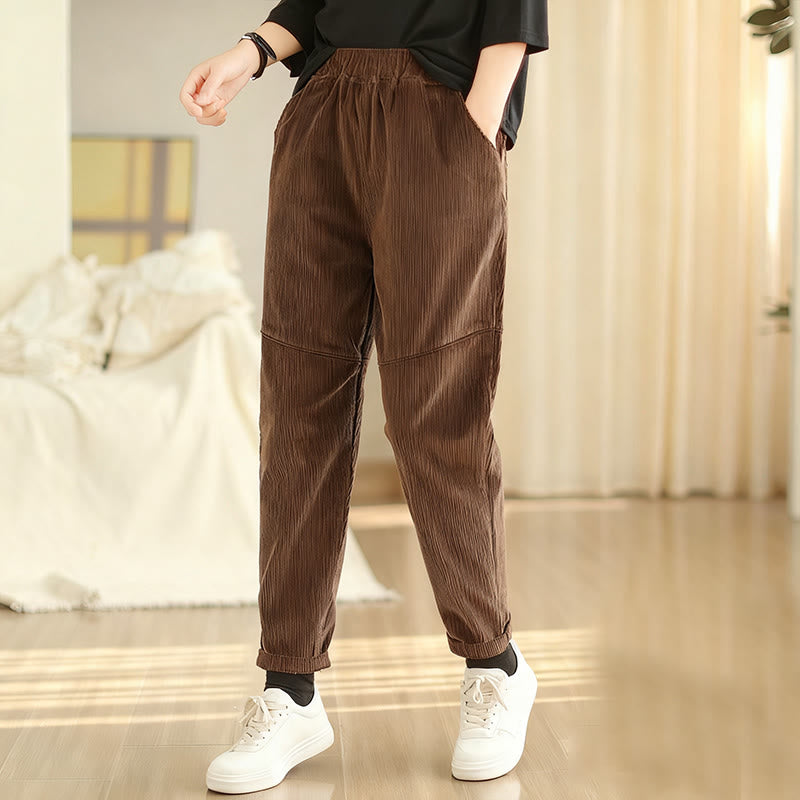 Buddha Stones Plain Tapered Cotton Corduroy Women's Harem Thermal Fleece-Lined Pants With Pockets - SaddleBrown - US12,UK/AU16,EU44 (3XL) - image 9