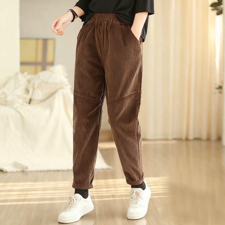 Buddha Stones Plain Tapered Cotton Corduroy Women's Harem Thermal Fleece-Lined Pants With Pockets - SaddleBrown - US12,UK/AU16,EU44 (3XL) - image 9