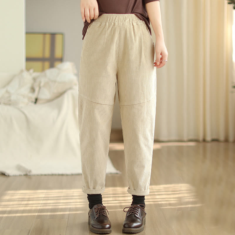 Buddha Stones Plain Tapered Cotton Corduroy Women's Harem Thermal Fleece-Lined Pants With Pockets - Beige - US12,UK/AU16,EU44 (3XL) - image 0