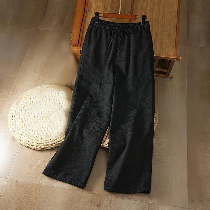 Buddha Stones Winter Thermal Jacquard Floral Pattern Women's Wide Leg Cotton Pants With Pockets - Black - US8-10,UK/AU12-14,EU40-42 (2XL) - image 0