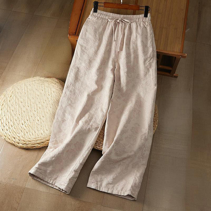 Buddha Stones Winter Thermal Jacquard Floral Pattern Women's Wide Leg Cotton Pants With Pockets - AntiqueWhite - US8-10,UK/AU12-14,EU40-42 (2XL) - image 7