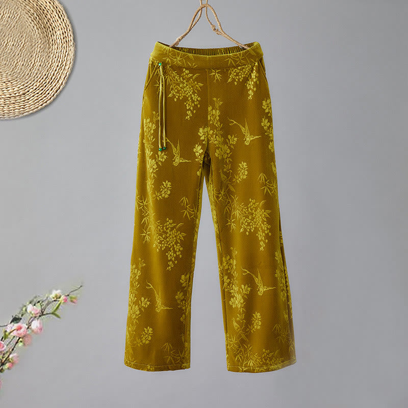 Buddha Stones Women's Jacquard High Waist Design Wide Leg Cotton Fleece-Lined Pants With Pockets - Goldenrod - US8-10,UK/AU12-14,EU40-42 (2XL) - image 1