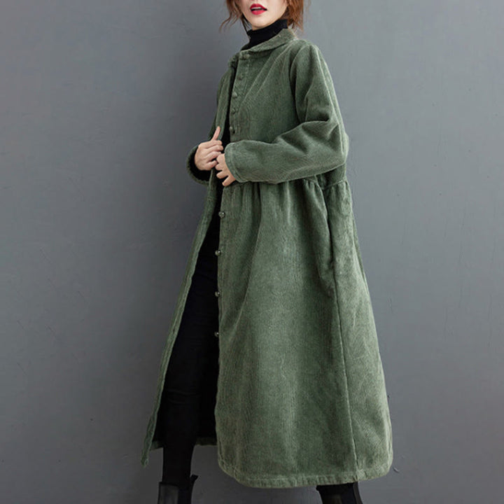 Buddha Stones Plain Buttons Long Sleeve Women's Cotton Corduroy Fleece-Lined Coat With Pockets - image 12