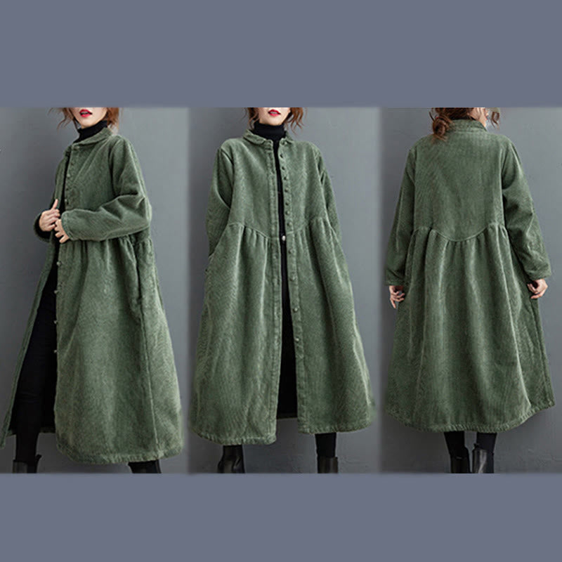 Buddha Stones Plain Buttons Long Sleeve Women's Cotton Corduroy Fleece-Lined Coat With Pockets - image 11