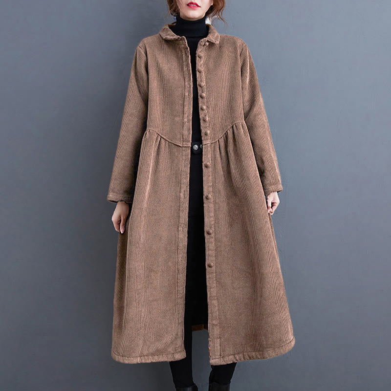 Buddha Stones Plain Buttons Long Sleeve Women's Cotton Corduroy Fleece-Lined Coat With Pockets - image 26