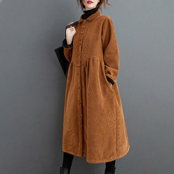 Buddha Stones Plain Buttons Long Sleeve Women's Cotton Corduroy Fleece-Lined Coat With Pockets - image 18