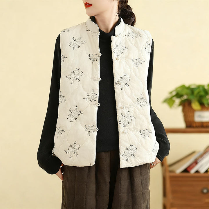 Buddha Stones Embroidered Frog-Button Women's Sleeveless Cotton Vest Waistcoat With Pockets - Ivory - US8-10,UK/AU12-14,EU40-42 (2XL) - image 10