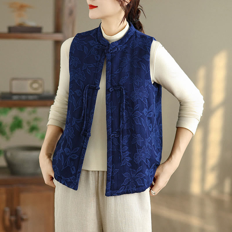 Buddha Stones Jacquard Pattern Frog-button Women's Sleeveless Cotton Vest Waistcoat With Pockets - MediumBlue - US8-10,UK/AU12-14,EU40-42 (2XL) - image 0
