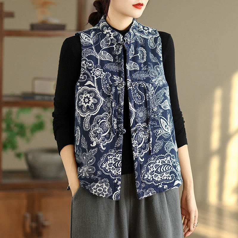 Buddha Stones Plant Pattern Frog-button Women's Sleeveless Cotton Vest Waistcoat With Pockets - MidnightBlue - US8-10,UK/AU12-14,EU40-42 (2XL) - image 0