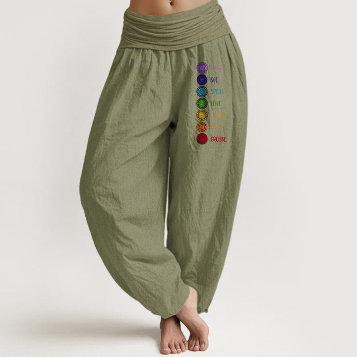 Buddha Stones Seven Chakras Print Pattern Women's Elastic Waist Harem Pure Cotton Pants - OliveDrab - US22,UK/AU26,EU54 (6XL) - image 14