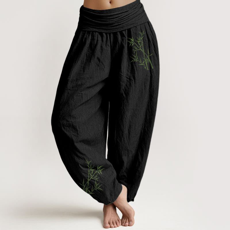Buddha Stones Green Bamboo Print Pattern Women's Elastic Waist Harem Pure Cotton Pants - Black - US22,UK/AU26,EU54 (6XL) - image 0