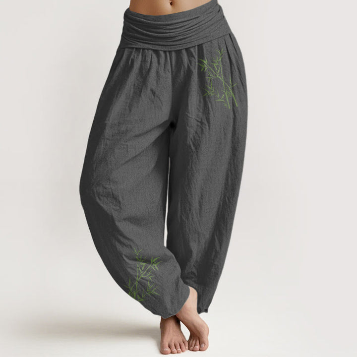 Buddha Stones Green Bamboo Print Pattern Women's Elastic Waist Harem Pure Cotton Pants - Gray - US22,UK/AU26,EU54 (6XL) - image 8