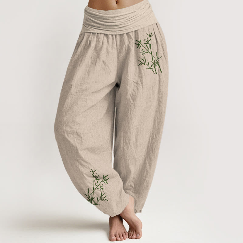 Buddha Stones Green Bamboo Print Pattern Women's Elastic Waist Harem Pure Cotton Pants - Tan - US22,UK/AU26,EU54 (6XL) - image 11
