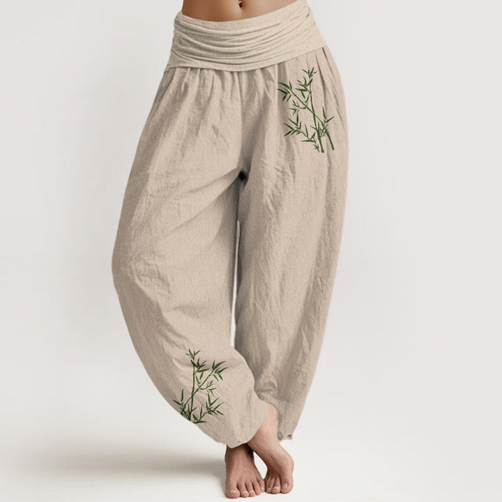 Buddha Stones Green Bamboo Print Pattern Women's Elastic Waist Harem Pure Cotton Pants - Tan - US22,UK/AU26,EU54 (6XL) - image 11