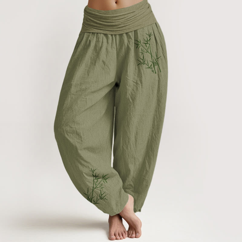 Buddha Stones Green Bamboo Print Pattern Women's Elastic Waist Harem Pure Cotton Pants - OliveDrab - US22,UK/AU26,EU54 (6XL) - image 14
