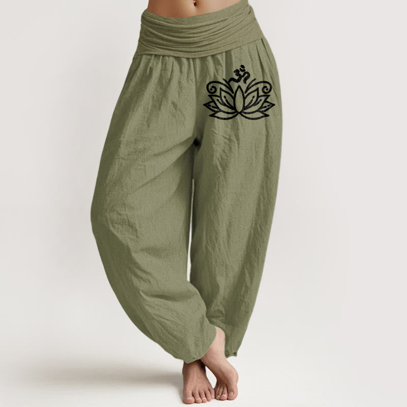 Buddha Stones Lotus Flower Om Symbol Pattern Women's Elastic Waist Harem Pure Cotton Pants - OliveDrab - US22,UK/AU26,EU54 (6XL) - image 14