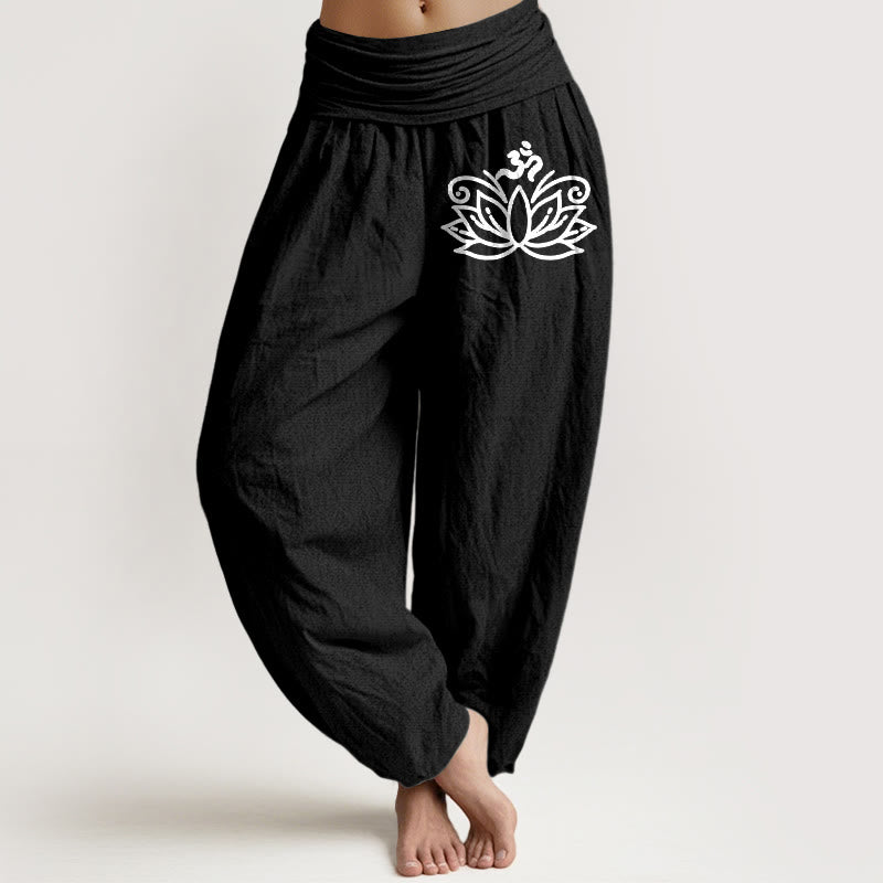 Buddha Stones Lotus Flower Om Symbol Pattern Women's Elastic Waist Harem Pure Cotton Pants - Black - US22,UK/AU26,EU54 (6XL) - image 0