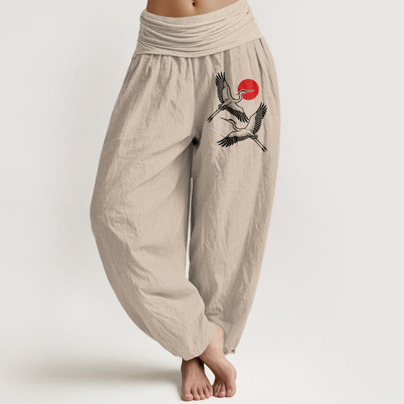 Buddha Stones Red Sun Cranes Pattern Women's Elastic Waist Harem Pure Cotton Pants - Tan - US22,UK/AU26,EU54 (6XL) - image 11