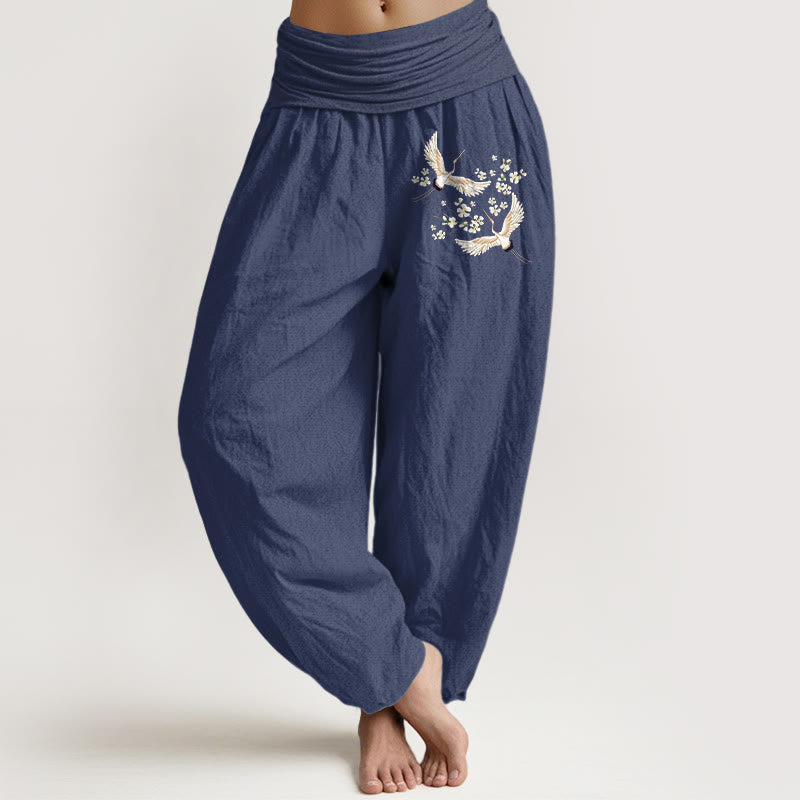 Buddha Stones Cranes Flowers Pattern Pure Cotton Women's Elastic Waist Harem Pants - DarkSlateBlue - US22,UK/AU26,EU54 (6XL) - image 5