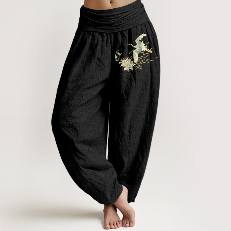 Buddha Stones Cranes Lotus Pattern Pure Cotton Women's Elastic Waist Harem Pants - Black - US22,UK/AU26,EU54 (6XL) - image 0