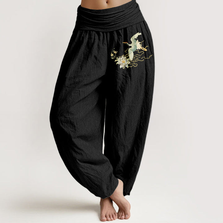 Buddha Stones Cranes Lotus Pattern Pure Cotton Women's Elastic Waist Harem Pants - Black - US22,UK/AU26,EU54 (6XL) - image 0
